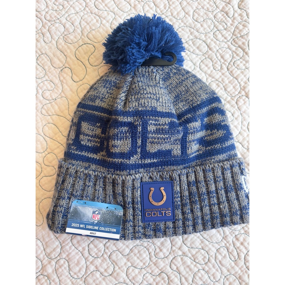 New Era Indianapolis Colts 2025 NFL Sideline Collection Knit Pom Beanie Hat Blue